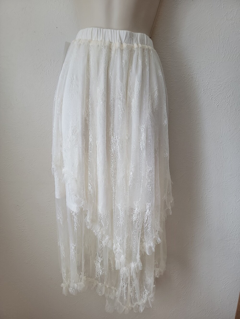 Boutique Ivory Lace Tiered Asymetrical Maxi Skirt Fairy Whimsical Romantic
